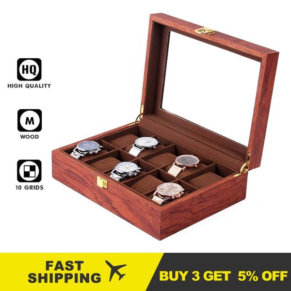 

watch boxes & cases 10 grids flip transparent skylight storage antique wooden display box with flannel pillows drop fj9007, Black;blue