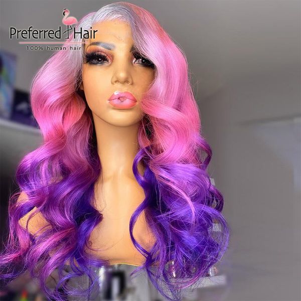 

lace wigs preferred pink puple ombre front wig preplucked 13x4 frontal brazilian remytransparent human hair, Black;brown