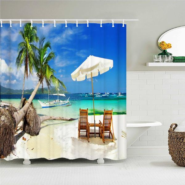 

shower curtains seaside scenery beach palm tree 3d printing bath bathroom waterproof fabric with hooks home decorate