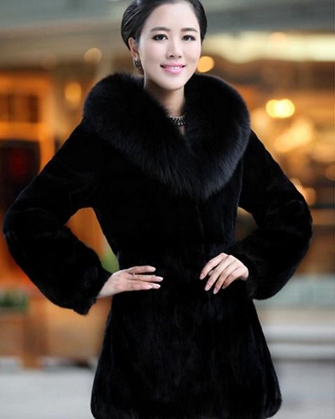 

women's fur & faux real genuine natural coat with collar fashion jacket outwear custom any size, Black