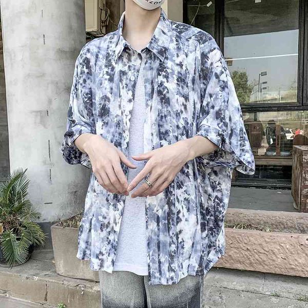 

men's casual shirts summer tie-dye fashion retro men streetwear korean loose short-sleeved mens hawaiian s-2xl aqok, White;black