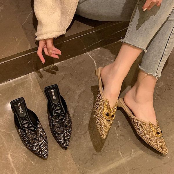 

spring women mules shoes brand bling crystal pointed toe slipper slip on low heel outdoor summer casual slides flip flop slippers, Black