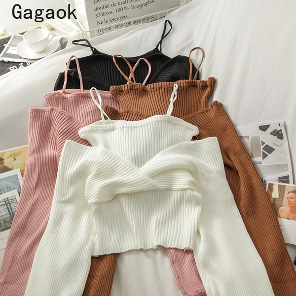 

gagaok fake two sweater women 2021 spring autumn new v-neck full knitted sweaters korean short chic wild fashion pullovers, Black
