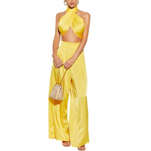 

women's pants & capris 40gc women 2pcs satin outfit chest wrapped crop high waist wide leg, Black;white