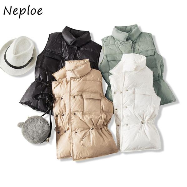

women's down & parkas neploe warm light solid color coats stand collar drawstring slim waist white duck vest women winter 2021 vests, Black