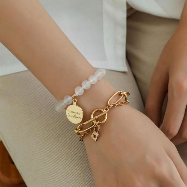 

gold color link chain bracelet for women engraved coin initial love heart padlock braclets fashion bracelets woman 2021 charm, Golden;silver