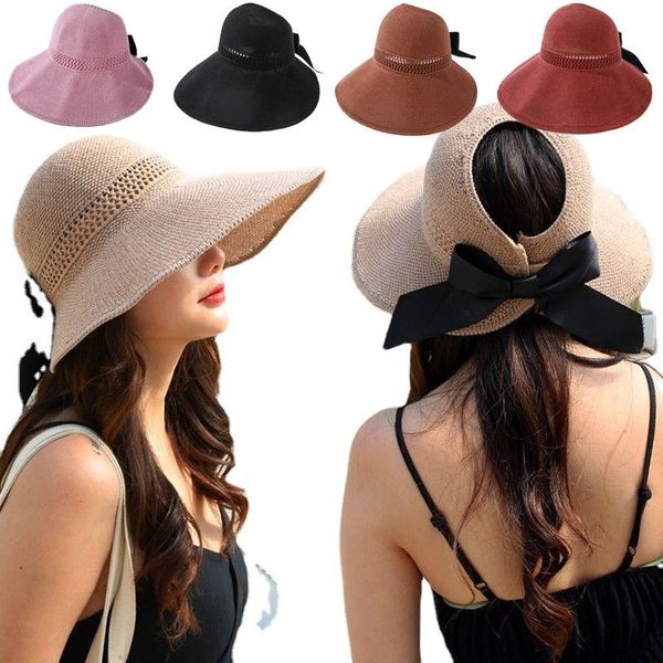

summer beach caps women bowknot wide floppy brim sun hats foldable outdoor uv protection straw hat casual sport travel, Black;white