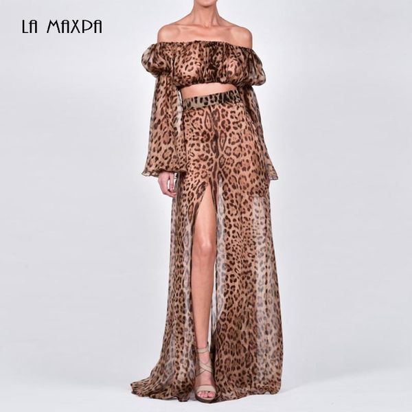 

two piece dress summer women's fashion leopard print lace 2-piece two-piece long-sleeved + split long skirt party casual outerwear, White