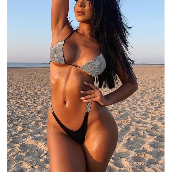

2021 luxury bling rhinestone bikini female swimsuit women swimwear two-pieces bikini set halter bather bathing suit swim k2049