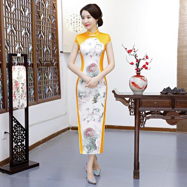 

brade designer ladies long cheongsam 2021 chinese style mandarin collar dress womens qipao slim party dresses vestido ethnic clothing, Red
