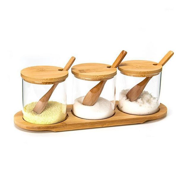 

storage bottles & jars glass seasoning box set,seasoning rack spice pots bowls with spoon,bamboo cover container condiment