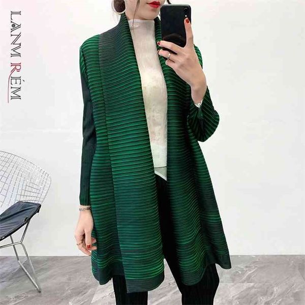 

lanmrem solid color scarf collar mid-length cardigan women autumn korean loose pleated coat with belt pc78 210825, Tan;black