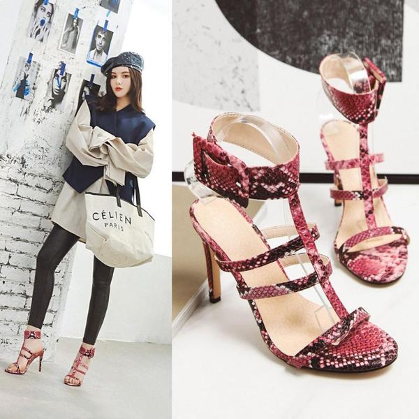 

women solid color open toe sandals summer ladies 10cm fine high heels female plus size shoes 2021 snake pattern, Black