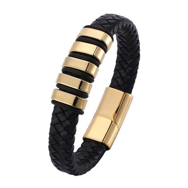 

punk jewelry black leather braided bracelets men gold color stainless steel magnet clasp male wristband exquisite bangles pd0776 charm, Golden;silver