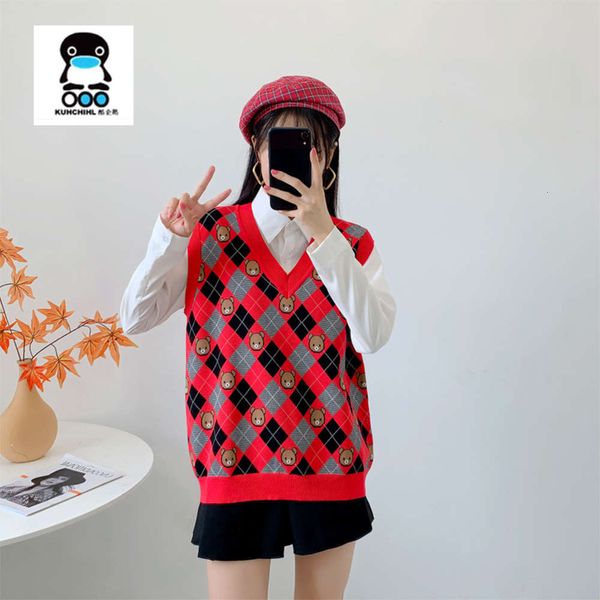 

knitted vest autumn winter sweet v-neck sweater women's bear loose waistcoat sweater, White