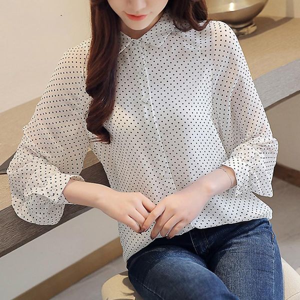 

women's blouses & shirts blusas mujer de moda 2021 long sleeve dot chiffon blouse women clothes office and, White