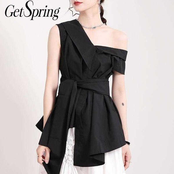 

getspring women blouse skew collar sleeveless shirt bow lace up irregular summer fashion ladies loose casual 210601, White