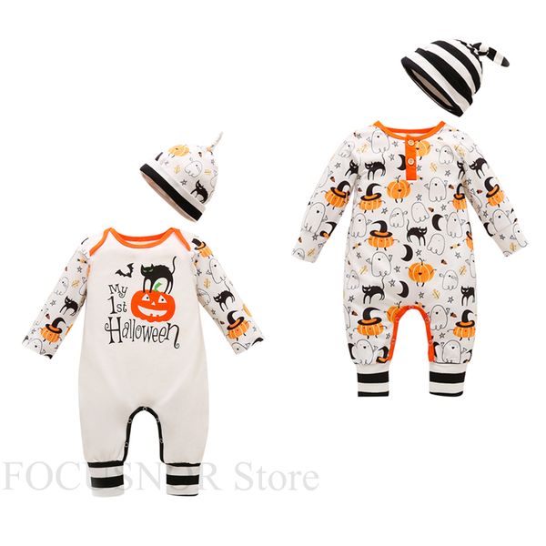 

halloween newborn baby boy girl rompers long sleeve cartoon pumpkin print long sleeve jumpsuits hats 2pcs, White