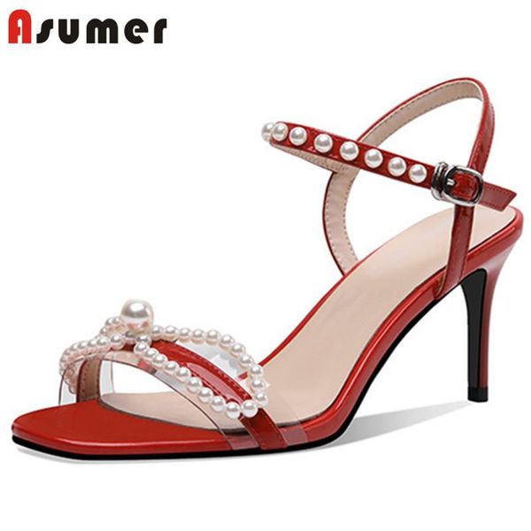 

dress shoes asumer 2021 arrive party wedding women sandals patent leather pearl buckle bowknot thin high heel ladies, Black