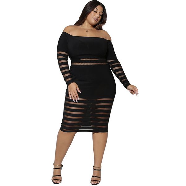 

plus size women long sleeve dresses transparent mesh dress slash neck off shoulder black bodycon dress wholesale dropshipping, Black;gray