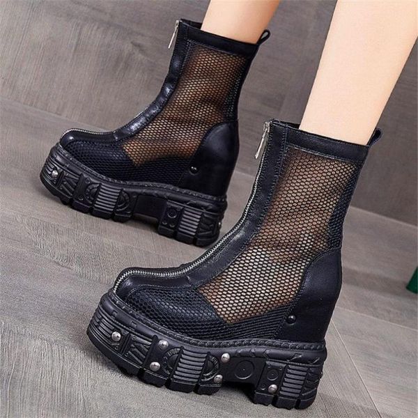 

punk goth military women's genuine leather ankle boots platform wedge sandals rivets party oxfords creepers shoes, Black