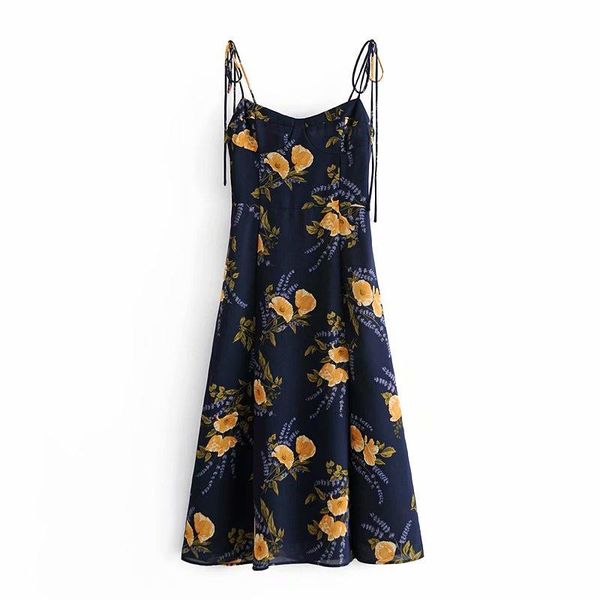 

autumn women dress floral print v-neck spaghetti strap mid-calf split female casual fashion clothes dresses, Black;gray