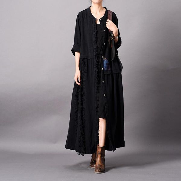 

women's trench coats johnature autumn/winter 2021 vintage coat for women loose o-neck full sleeve single breasted long print cardigan, Tan;black