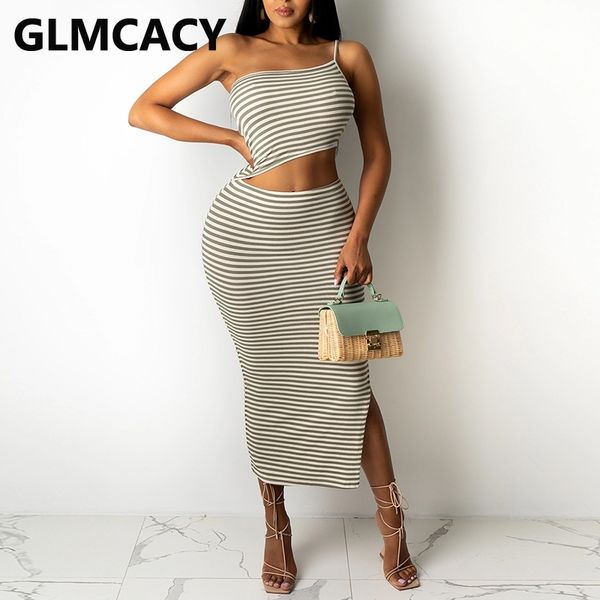 

women one shoulder striped hollow out slit bodycon dress 210702, Black;gray