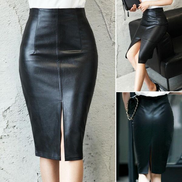 

skirts 2021 ol elegant pencil midi high waist stretchy black pu leather split sheath wrap female summer autumn skirt