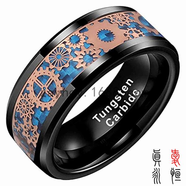 

Ring 8mm Wide Black Inlaid with Blue Carbon Fiber Gear Tungsten Steel Jewelry Couple Gold, Silver
