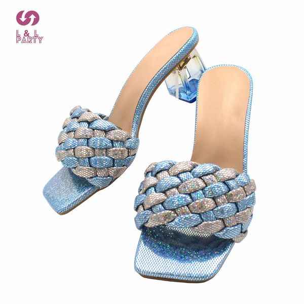 

dress shoes 2021 nigerian women in sky blue color square toe shinning pu leather transparent heel for wedding partty, Black