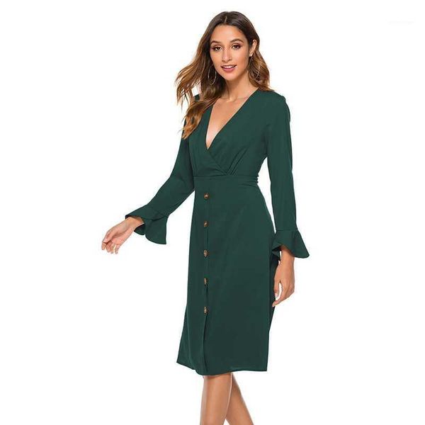 

casual dresses 2021 femal solid high waist spring summer long sleeve dress button chic fashion v neck ladies, Black;gray