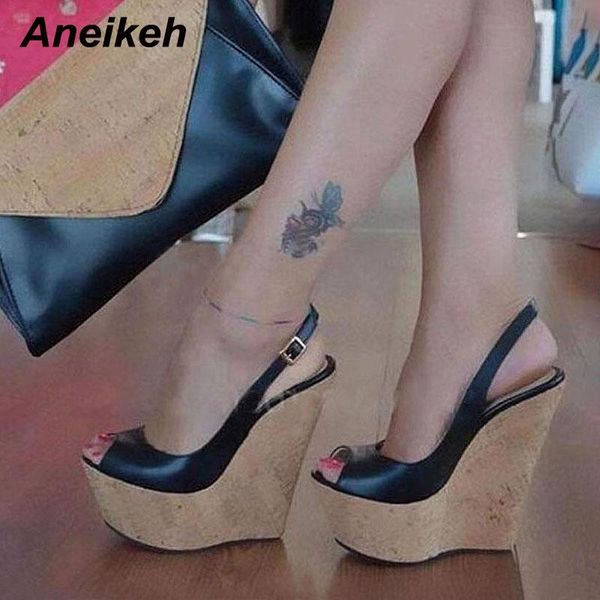 

dress shoes aneikeh 2021 summer sandalias de las mujeres wedges casual pu buckle peep toe back strap solid fashion size 35-42, Black
