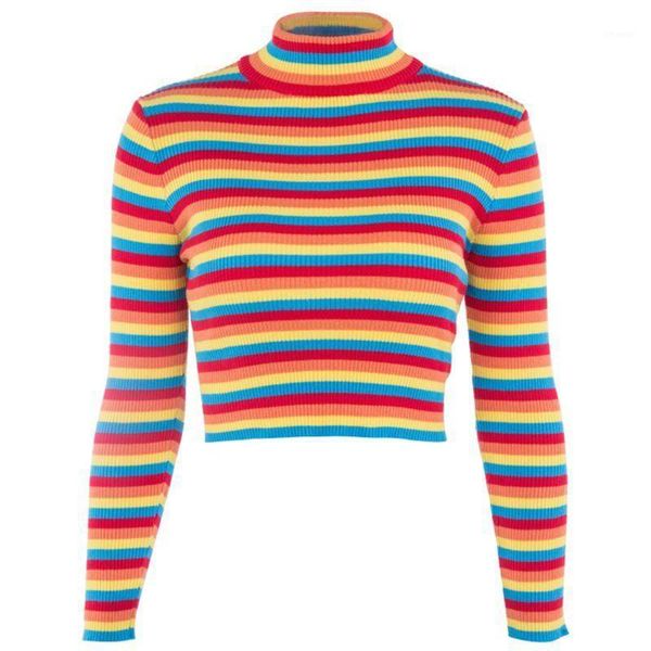 

women's sweaters womens spring long sleeve turtleneck sweater rainbow stripes short crop bodycon ribbed knitted basic pullover jumper, White;black