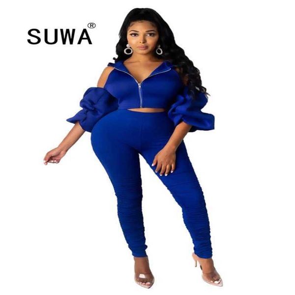 Solide blaue sexy Fitness-Wear-Track-Anzug-Frau zweiteilige Outfits aus der Schulter-Reißverschluss-Kurzjacke mit hoher Taille Hosen-Party-Clubwear 210525