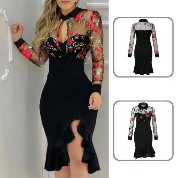 

casual dresses temperament embroidery hollow out dress ruffles net yarn, Black;gray