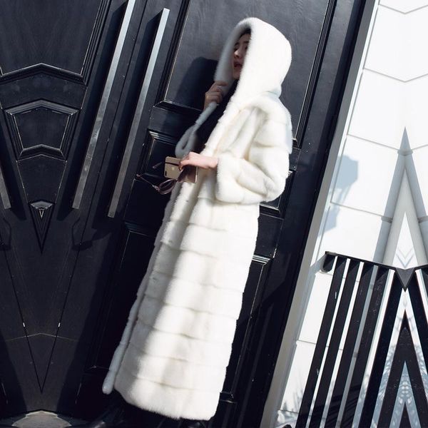 

women's fur & faux real mink women x-long coat with hood long sleeves winter thick warm plus size female jacket, Black