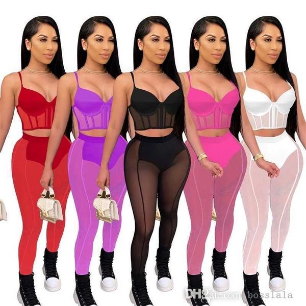 Sommer Sheer Yoga Hosen Frauen Designer Zwei Stück Set Sexy Mesh Nähte Crop Top Perspektive Bildschirm Leggings Outfits