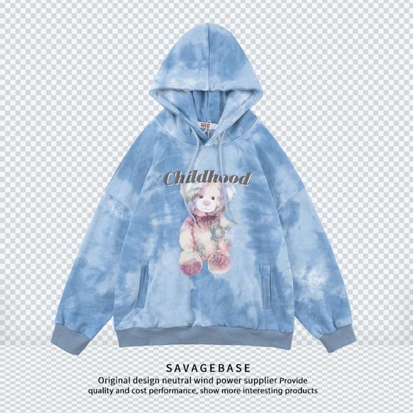 

men's hoodies & sweatshirts china's current 2021 autumn winter gradient tie dyed sweater bear printed childhood hip hop streetwear, Black