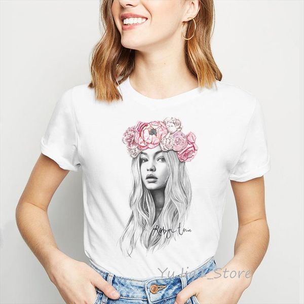 

beautiful sketch girl print vintage men t shirts and womens women streetwear 90s tumblr clothes summer clothing female, White;black