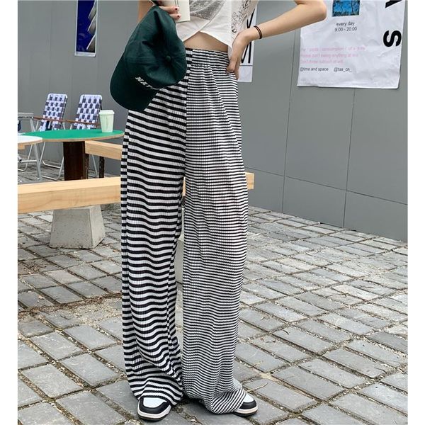 

women's pants & capris korean trousers women 2021 summer loose irregular striped straight casual female wide leg womens (k917, Black;white