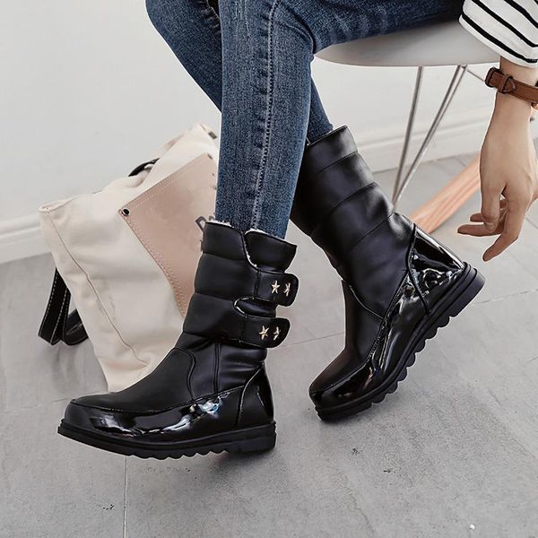 

boots 2021 ladies plush plus size white black pink womans shoes winter star rivet buckle hook flat heel ankle snow shoe