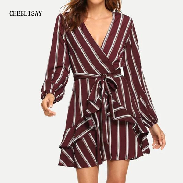 

casual dresses women's lantern sleeve striped v-neck ruffle mini party dress women vestidos de festa, Black;gray