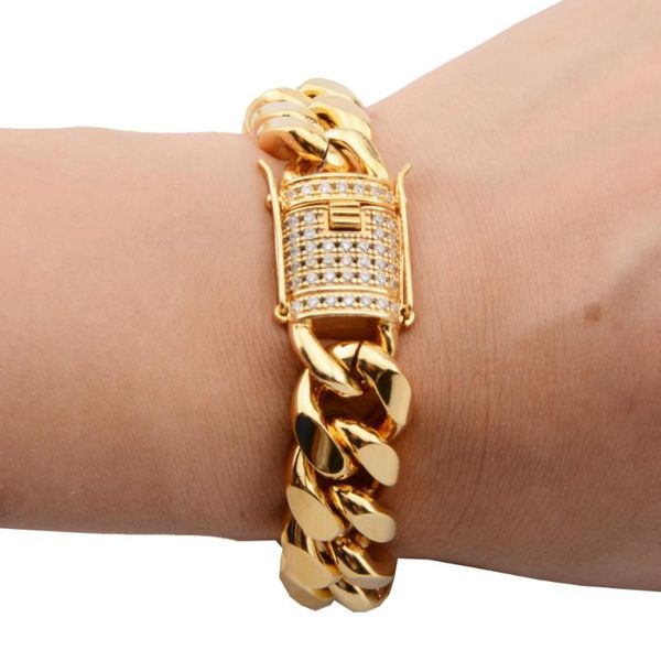 

8/10/12/14/16/18mm men's bracelet white crystal buckle gold tone stainless steel curb miami chain jewelry 7"-11" link,, Black