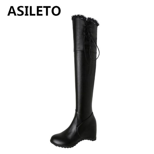 Stivali Asileto Girls femminile scarpe da donna Scarpe da ginocchiere Talda rotonda aumentata i tacchi allacciati più taglie forti pellicce invernali S2714