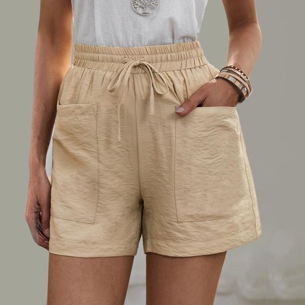

women's shorts summer pockets solid linen short femme women plus size loose elastic waist baggy drawstring high sweatpants #4, White;black