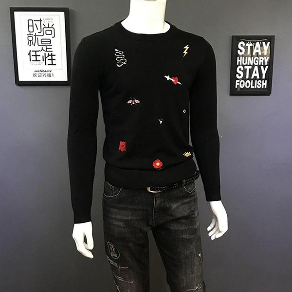 

men's sweaters are suitable for autumn knitting long-sleeved o-neck slim fashion exquisite embroidery design knitwear black warm, White;black