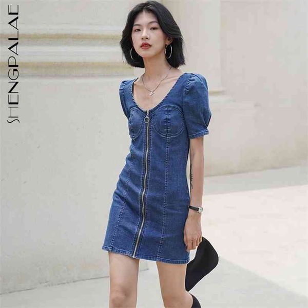 

blue denim dress women's summer round neck slim short sleeve waist zipper above knee dresses female 5e275 210427, White;black