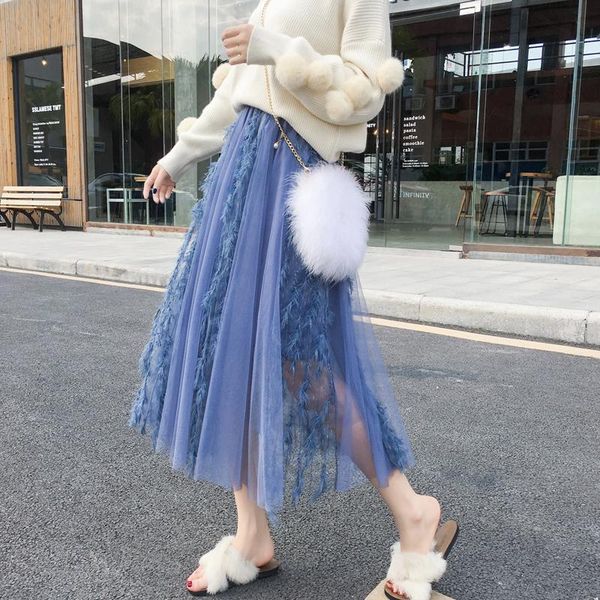 

skirts bgteever tassel patchwork maxi long a-line women skirt mesh tulle voile female elastic waist faldas saias femininas 2021, Black