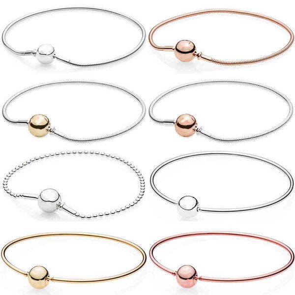 

100% 925 sterling silver rose ball clasp essence collection beaded snake chain bracelet fit pandora charm trendy diy jewelry, Golden;silver